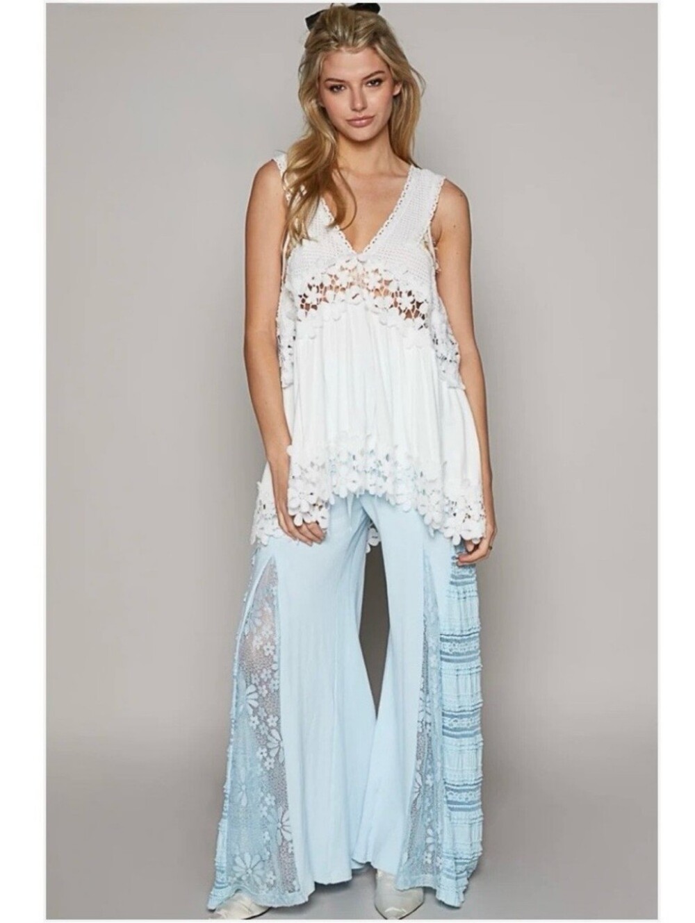 POL Light Blue Wide-Leg Lace Panel Pants Sz S - Picture 10 of 14